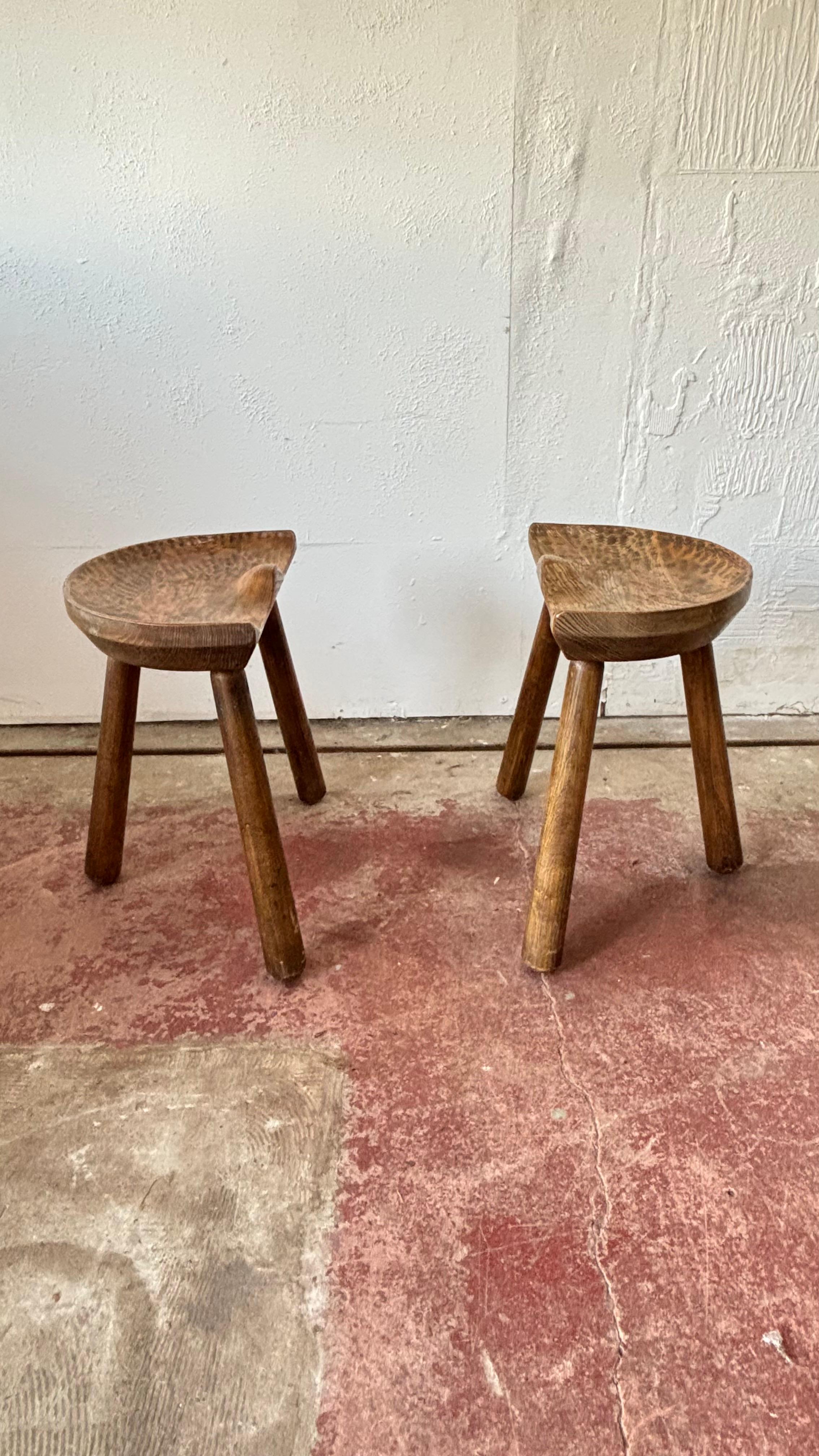 Walnut Pair of French Brutalist Artisan Made Three Legged Stools For Sale