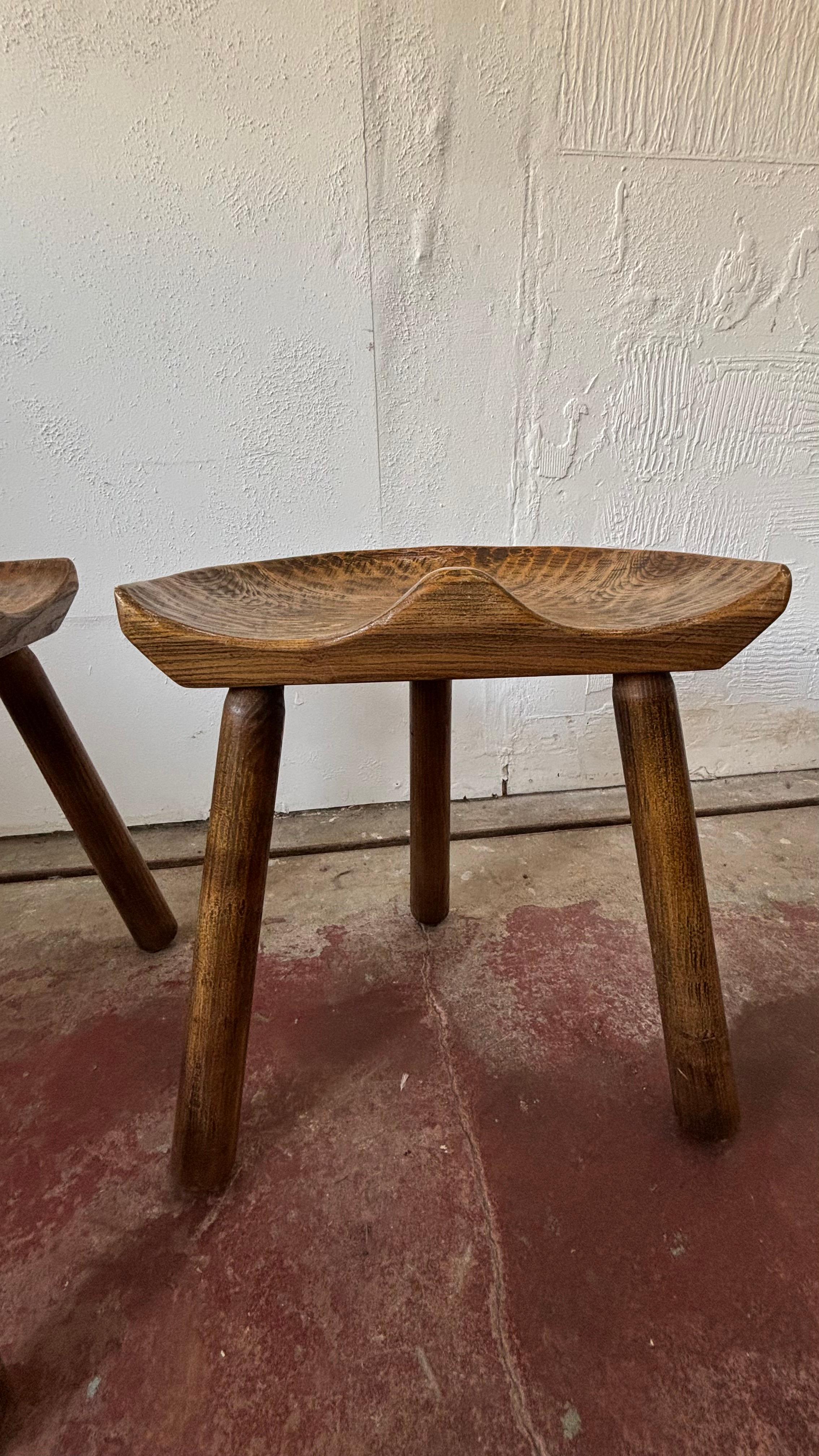 Pair of French Brutalist Artisan Made Three Legged Stools For Sale 2
