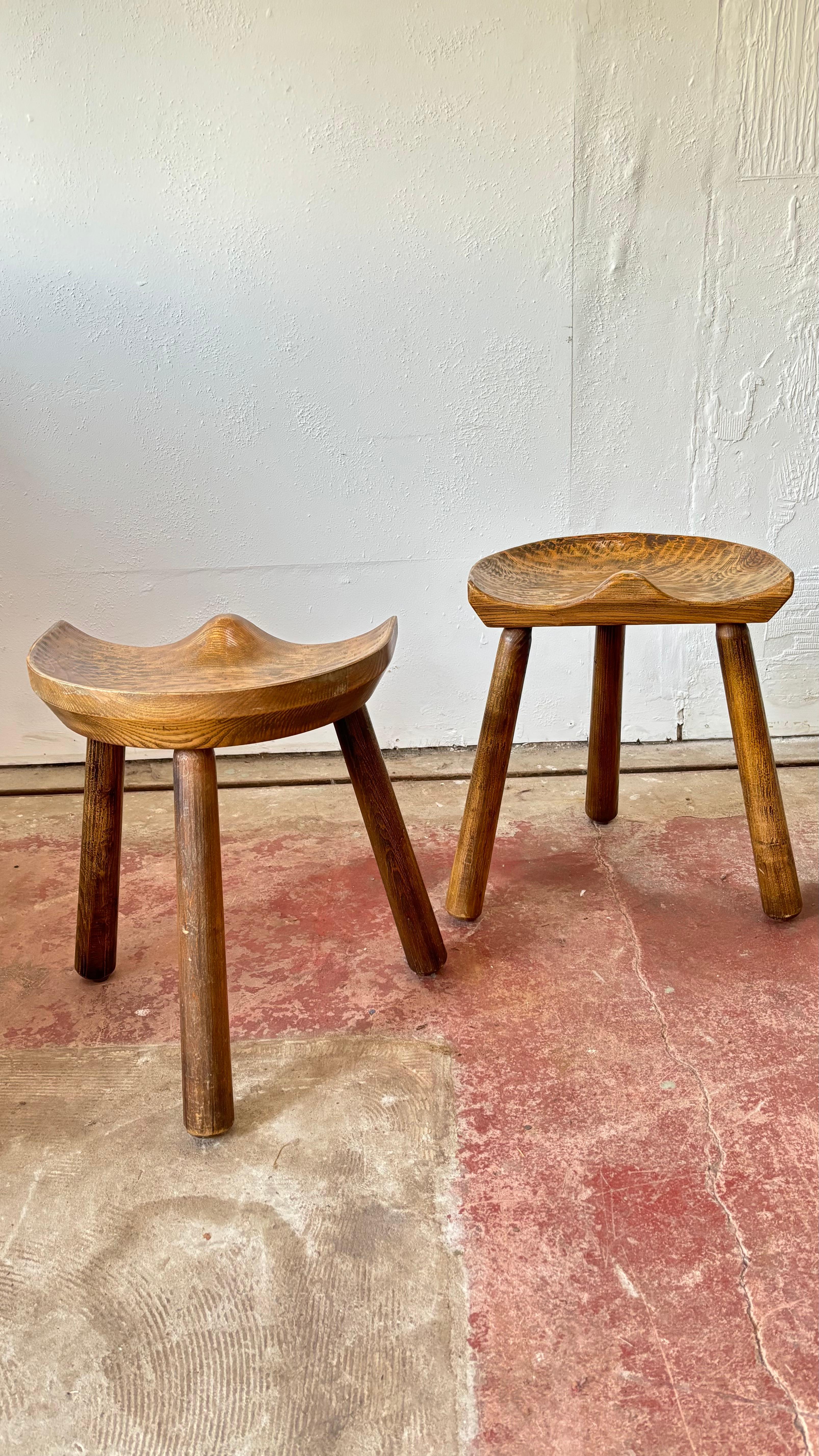 Pair of French Brutalist Artisan Made Three Legged Stools For Sale 4