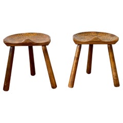 Vintage Pair of French Brutalist Artisan Made Three Legged Stools