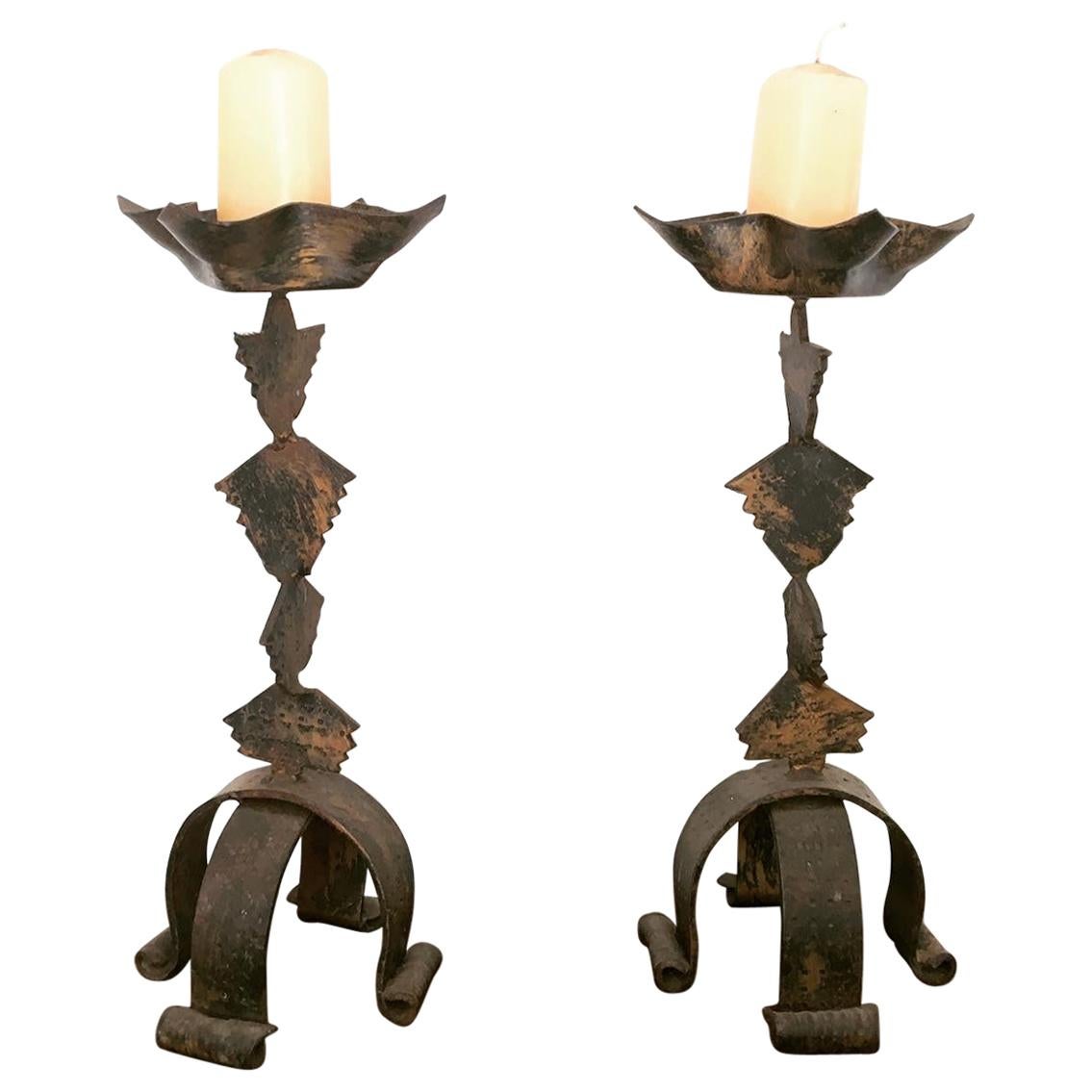 Pair of French Brutalist Forged Iron Candlesticks / Candleholders