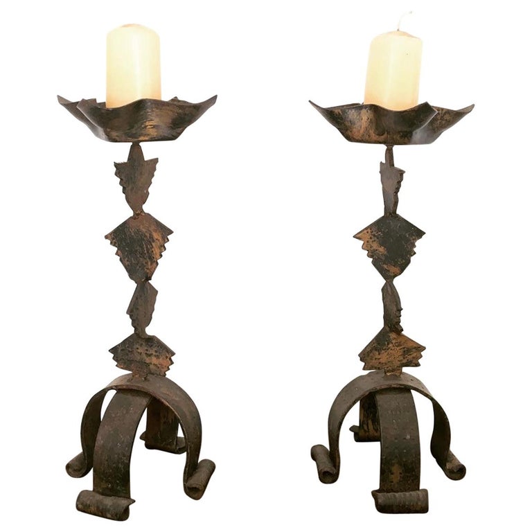 Pair of French Brutalist Forged Iron Candlesticks / Candleholders For Sale