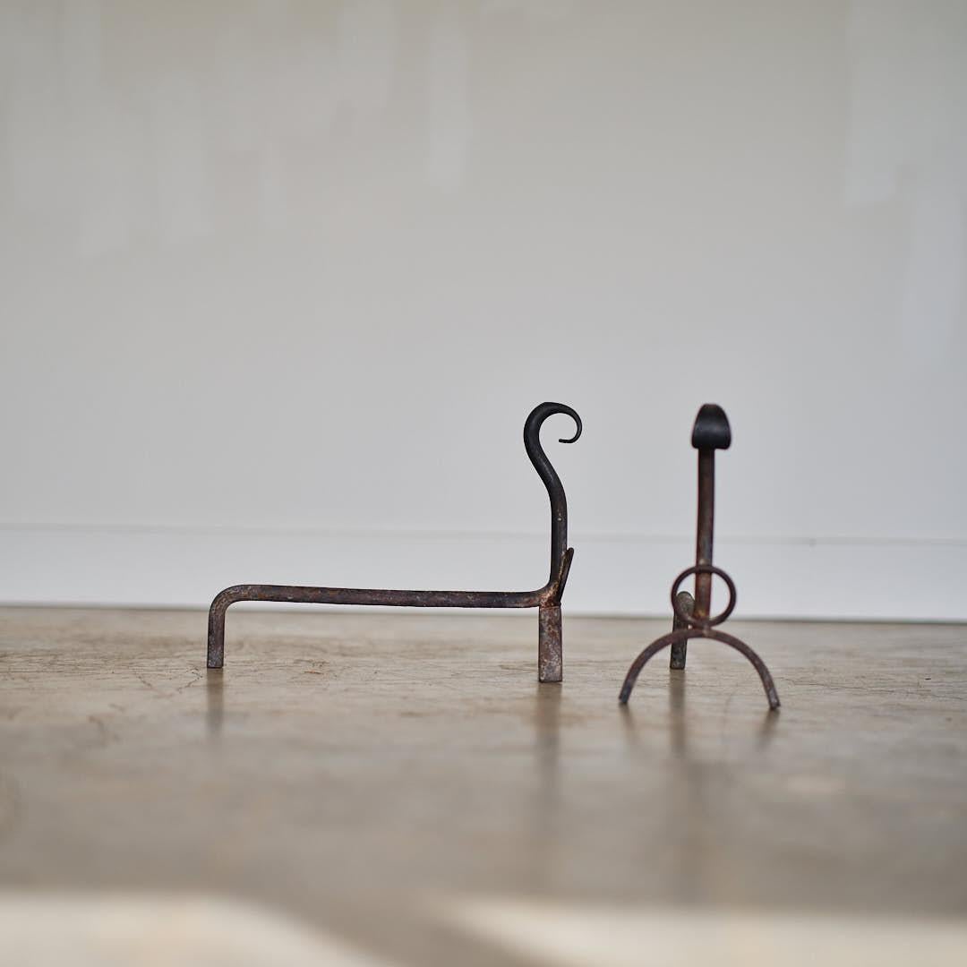 20th Century Pair of French Brutalist Iron Andirons For Sale