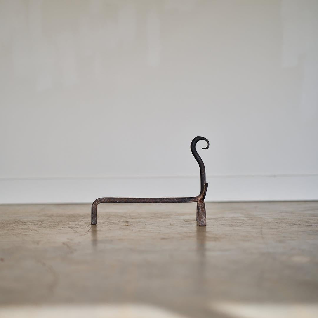Wrought Iron Pair of French Brutalist Iron Andirons For Sale