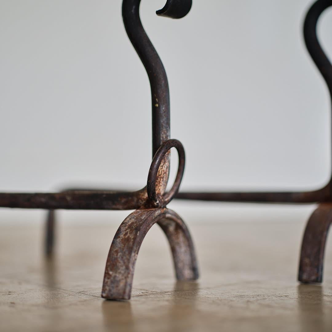 Pair of French Brutalist Iron Andirons For Sale 1