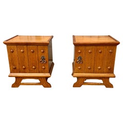 Vintage Pair of French Brutalist Nightstands in Oak