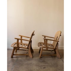 Pair of French Brutalist Oak Lounge Chairs, 1960s