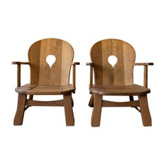 Pair of French Brutalist Oak Lounge Chairs, 1960s