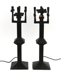 Pair of French Brutalist Table Lamps in Wrought Iron, 1950s
