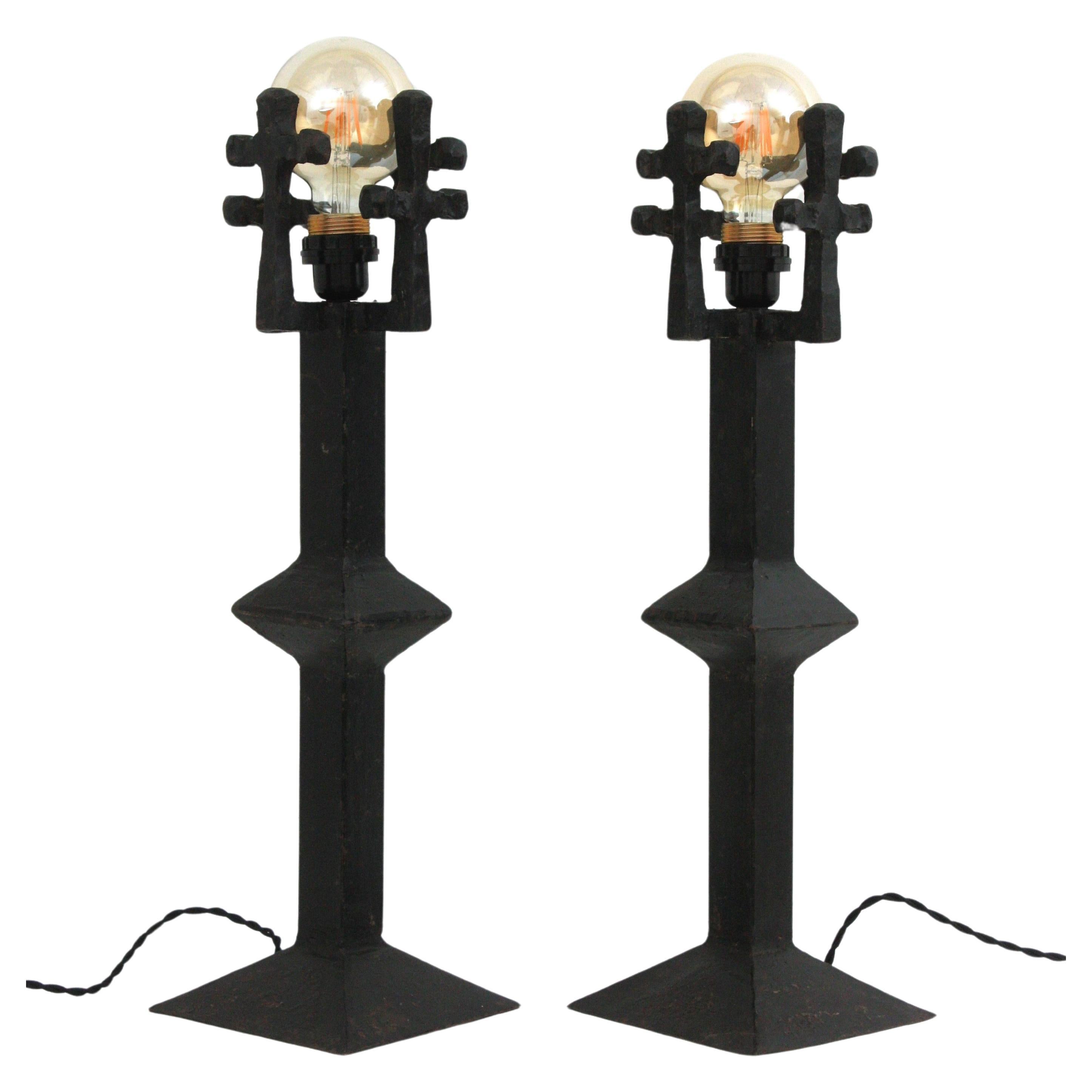 Pair of French Brutalist Table Lamps in Wrought Iron