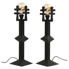 Retro Pair of French Brutalist Table Lamps in Wrought Iron