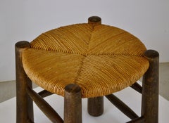 Pair of French Brutalist Wooden Stools with Handwoven Rush Seats, 1950s