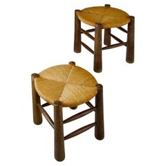 Pair of French Brutalist Wooden Stools with Handwoven Rush Seats, 1950s