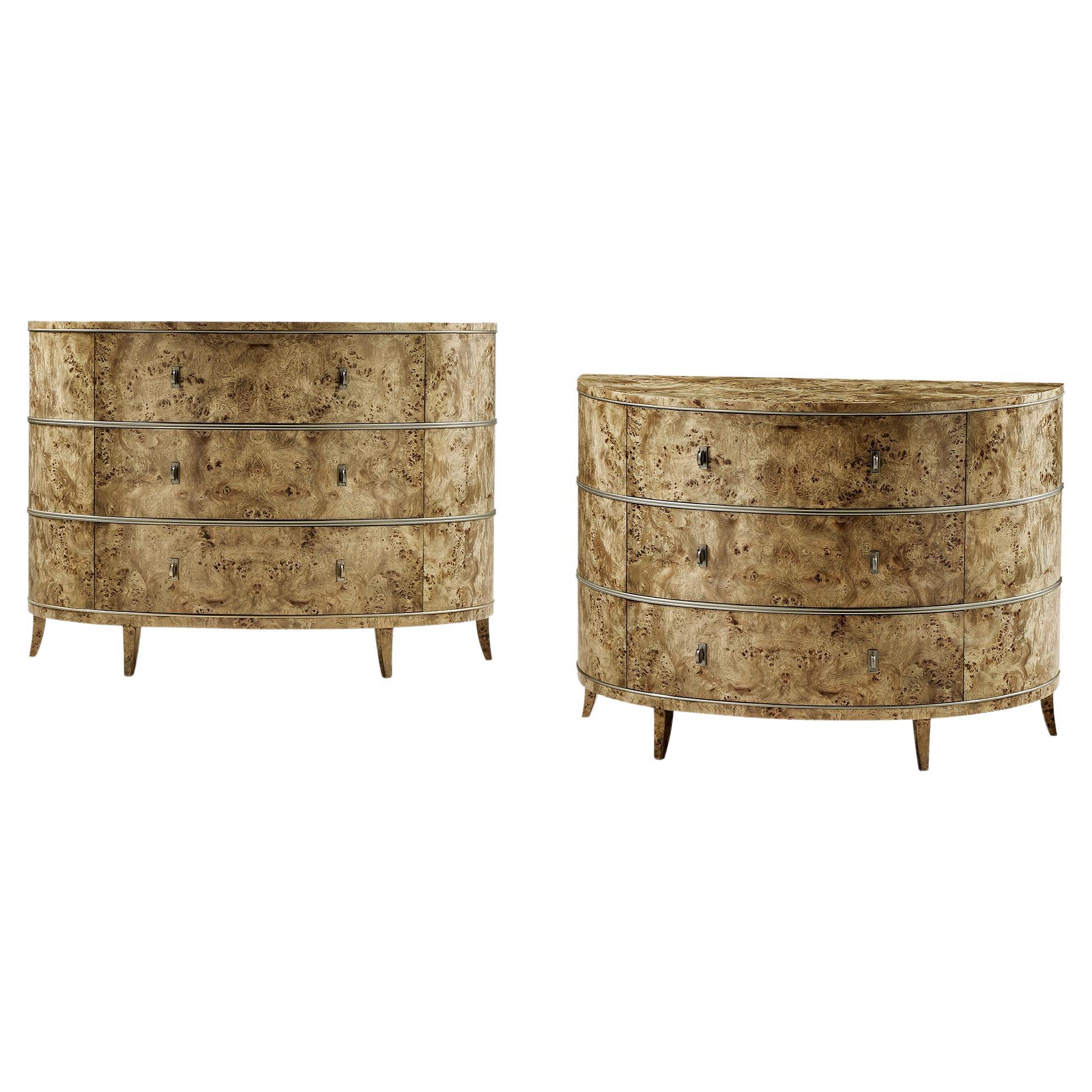 Pair of French Burl Demi Lune Dressers For Sale