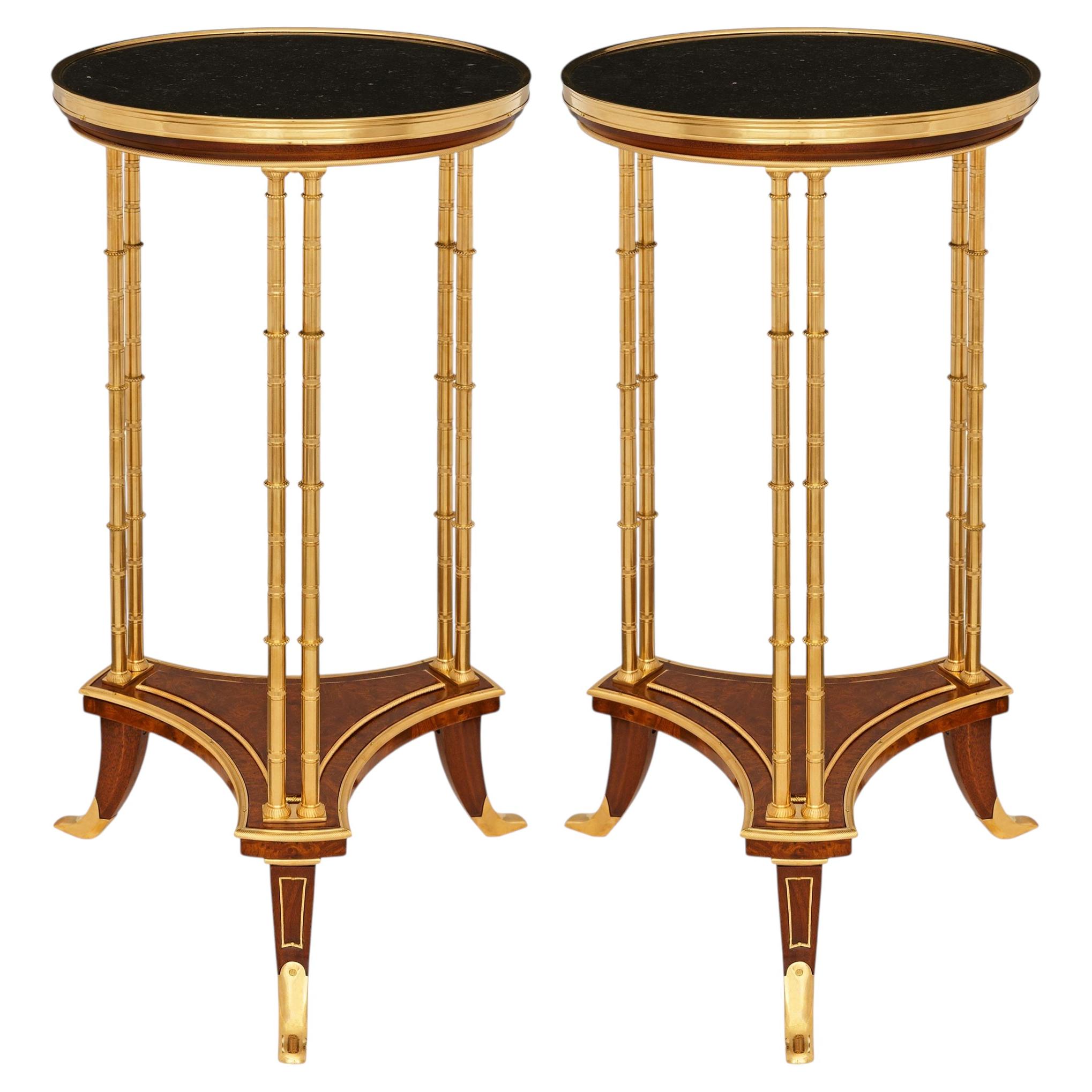 Pair of French Burl Walnut, Mahogany, Ormolu & black Belgian marble side tables For Sale