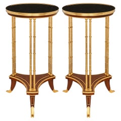 Pair of French Burl Walnut, Mahogany, Ormolu & black Belgian marble side tables