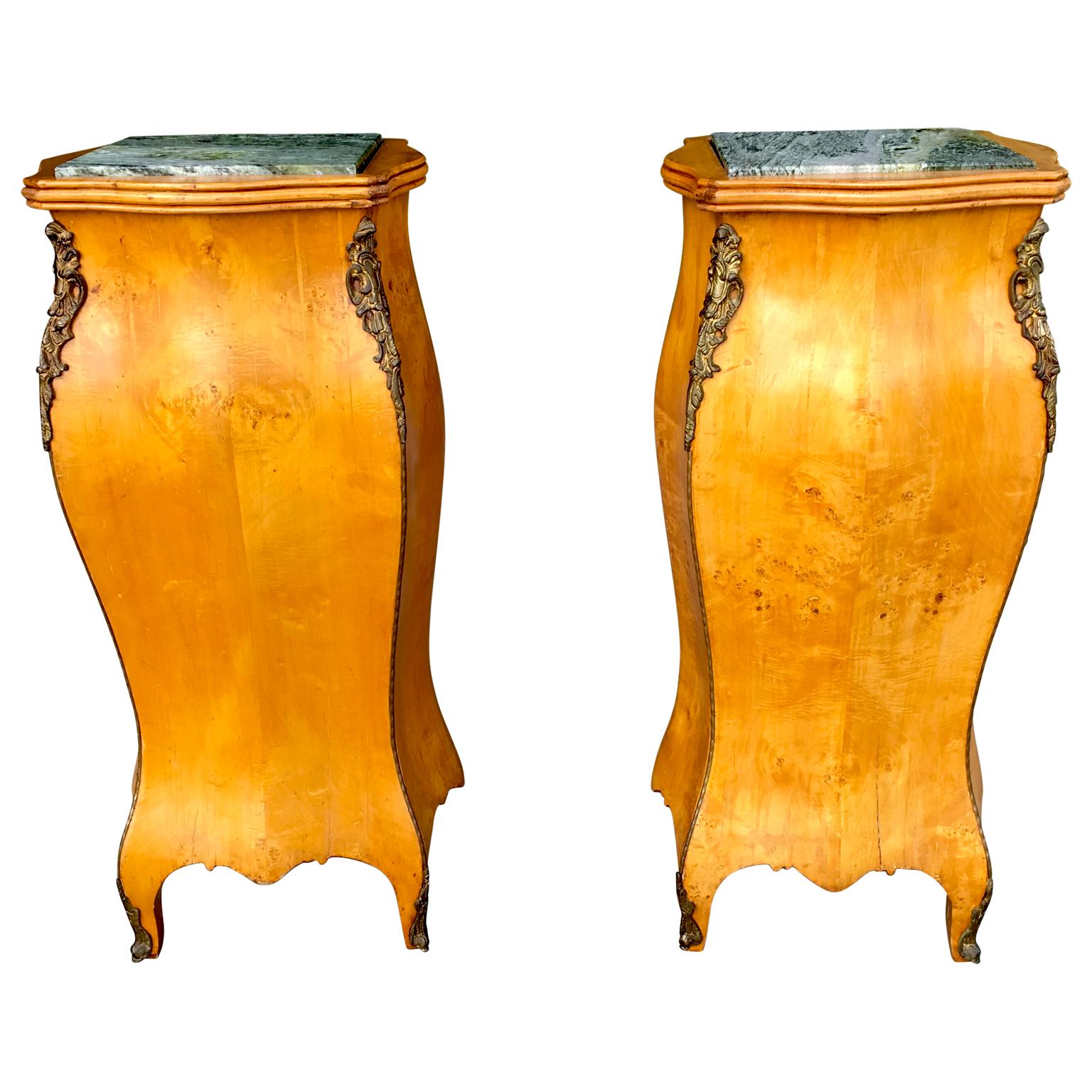 Pair of french burl wood Bombay gilt bronze Louis XV pedestal stands.