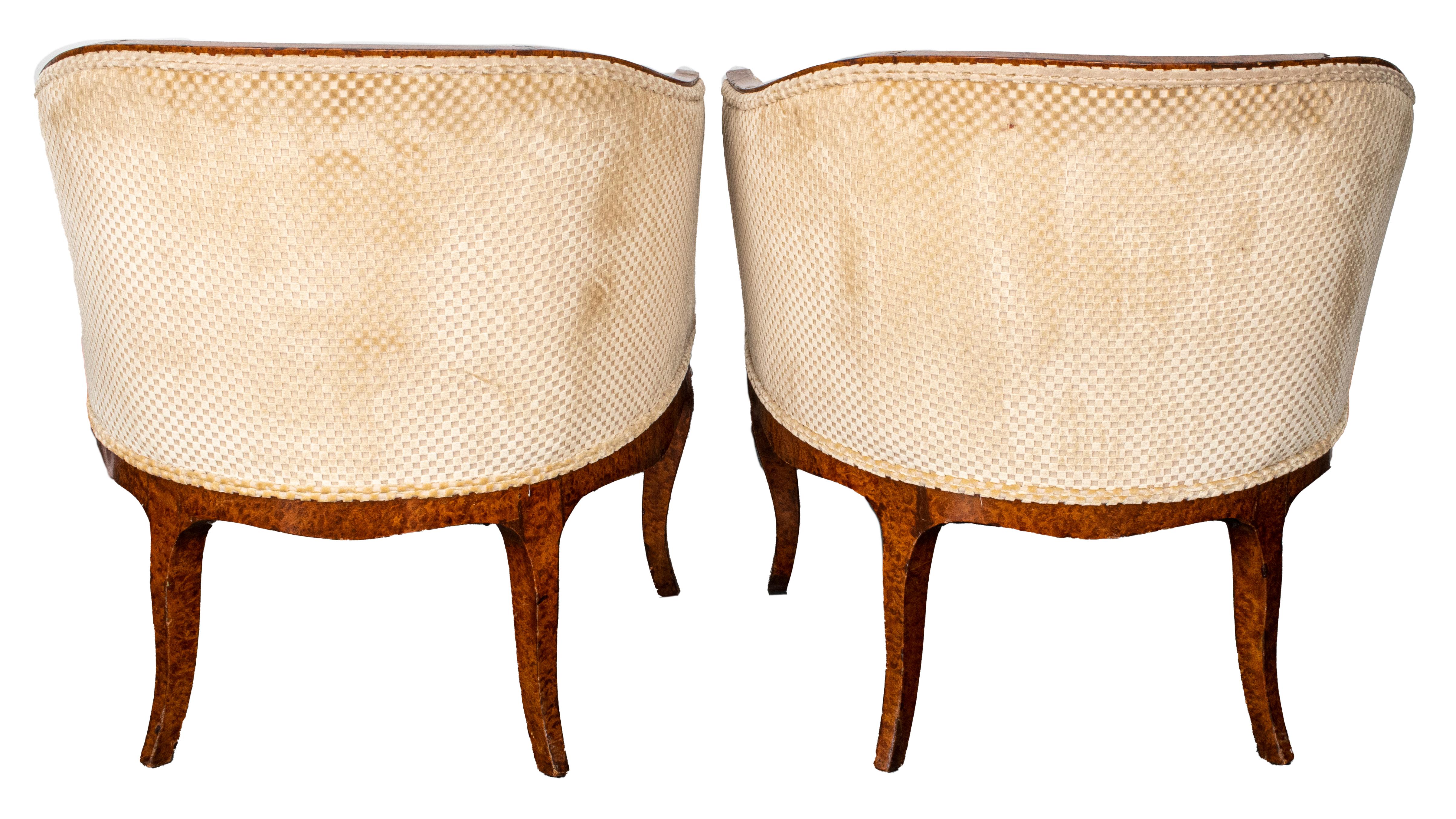 Early 20th Century Pair of French Burl Wood Veneer Lounge Chairs