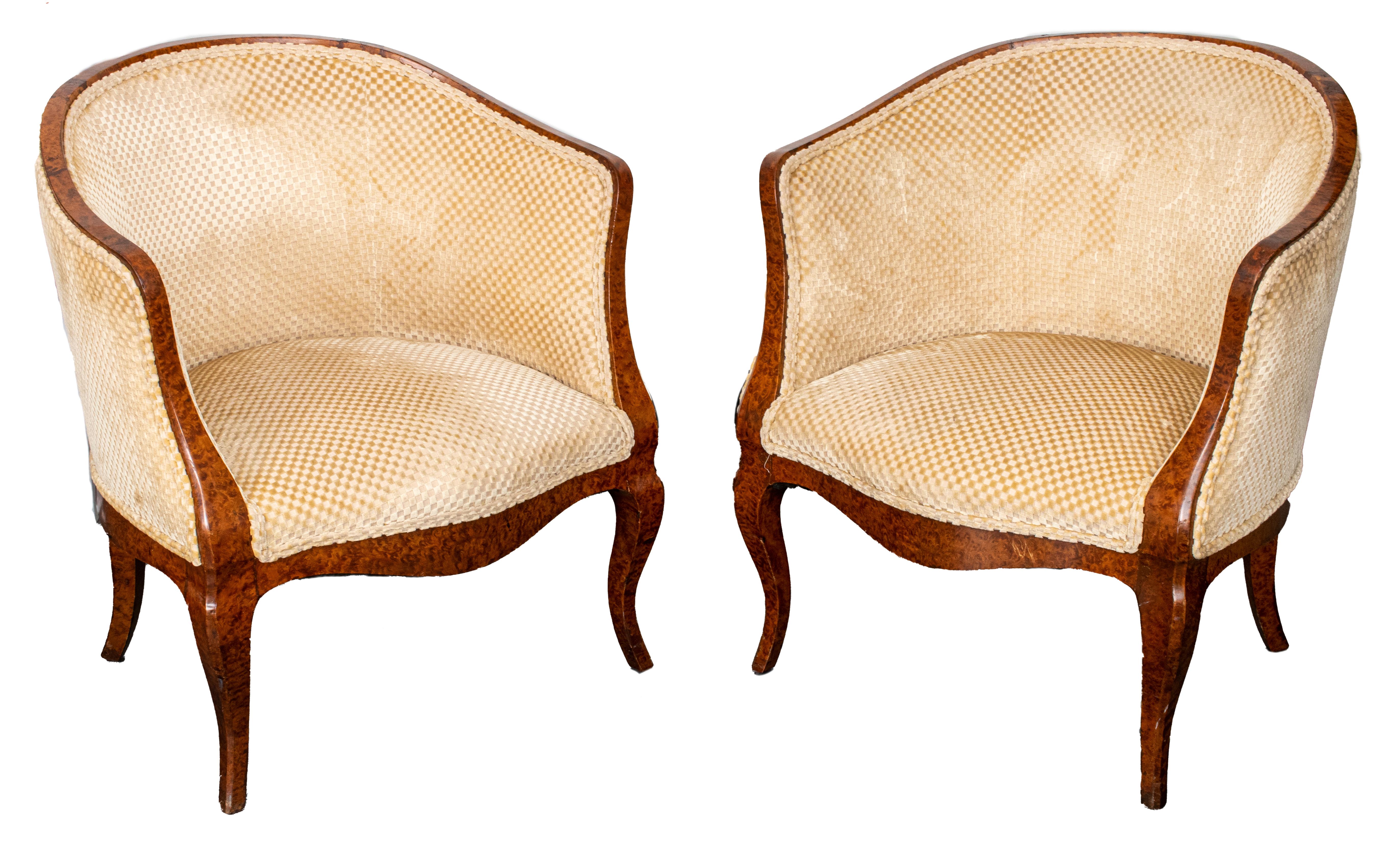 Pair of French Burl Wood Veneer Lounge Chairs 2