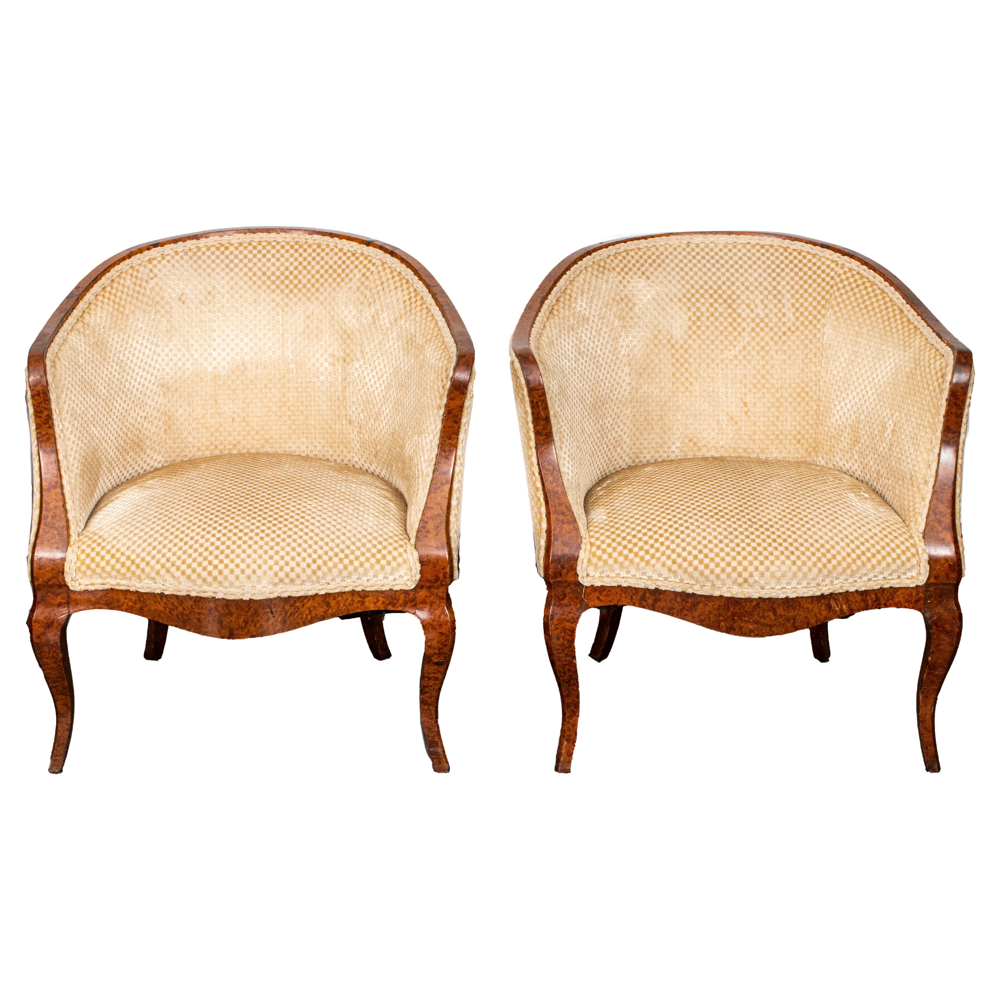 Pair of French Burl Wood Veneer Lounge Chairs