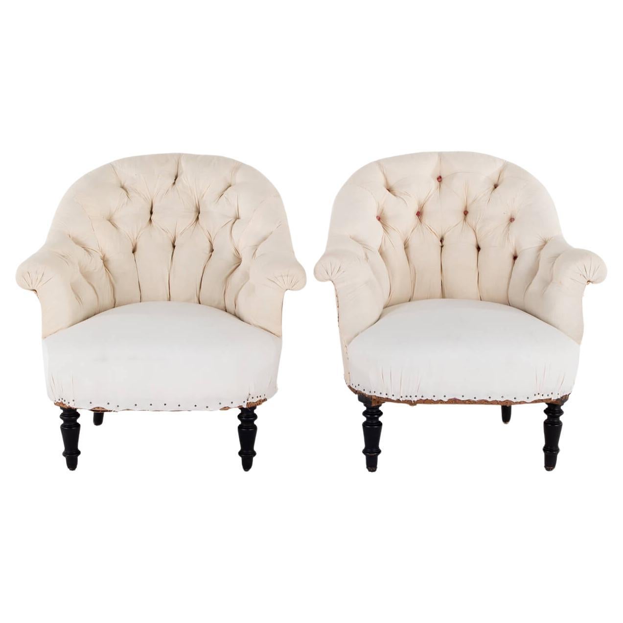 Pair of French Button Back Armchairs For Sale
