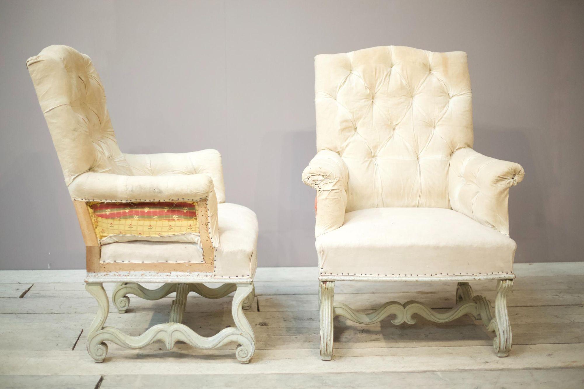 Beech Pair of French Buttoned Armchairs with Carved Frame