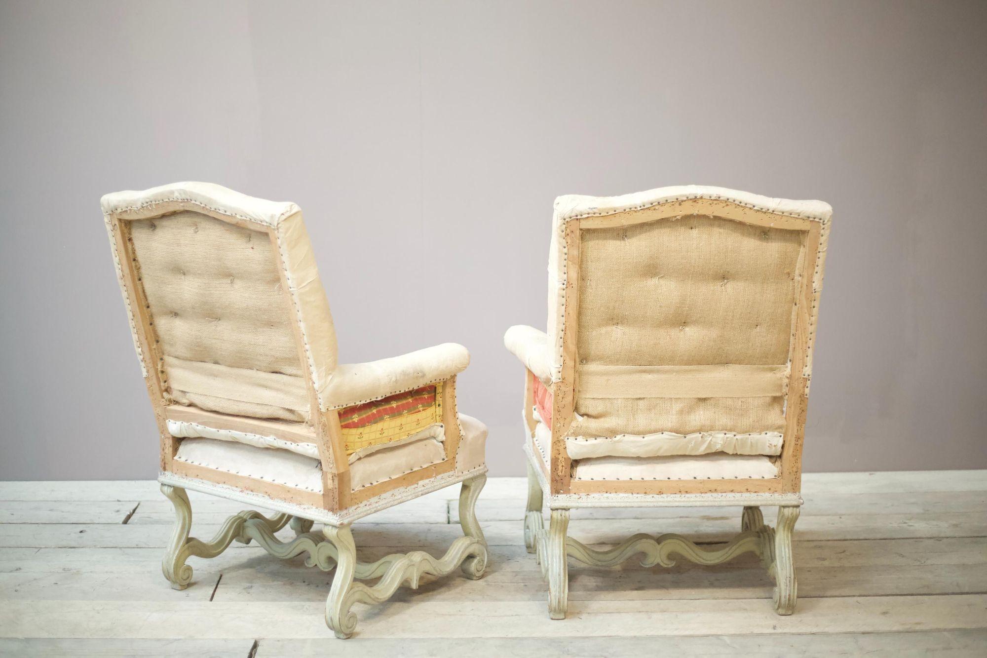 Pair of French Buttoned Armchairs with Carved Frame 3