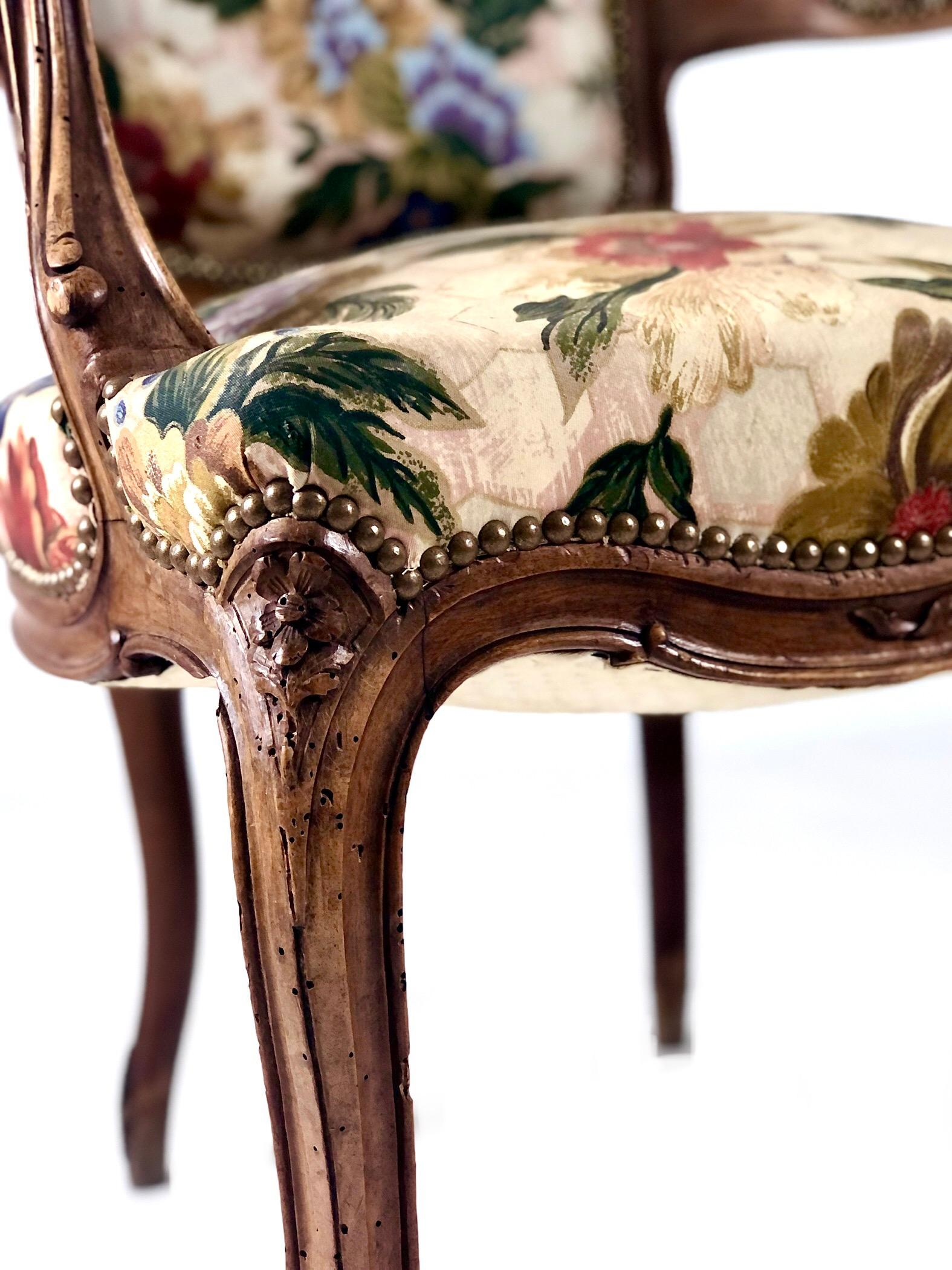 Pair of Louis XV French Cabriolet Walnut Armchairs 3