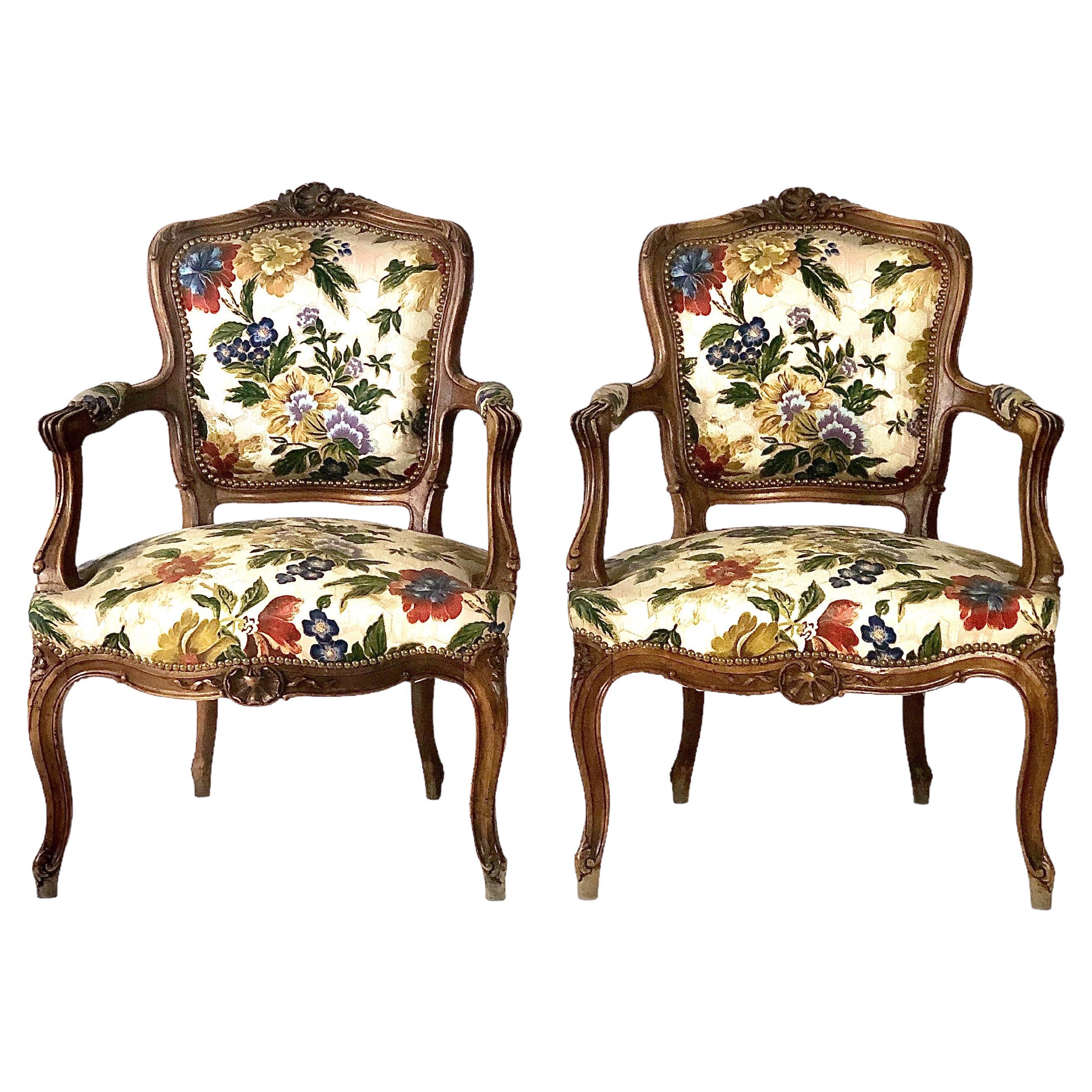 Pair of Louis XV French Cabriolet Walnut Armchairs