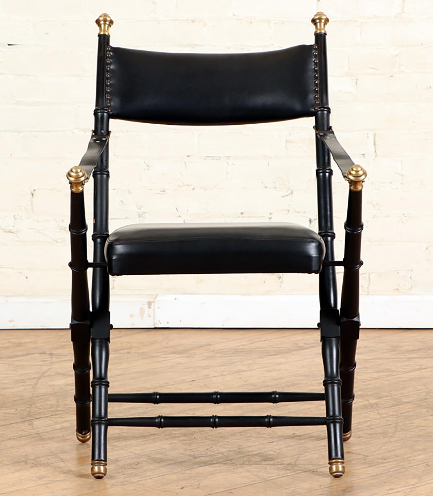 Ebonized Pair of French Campaign-Style Folding Chairs with Faux-Bamboo Frames