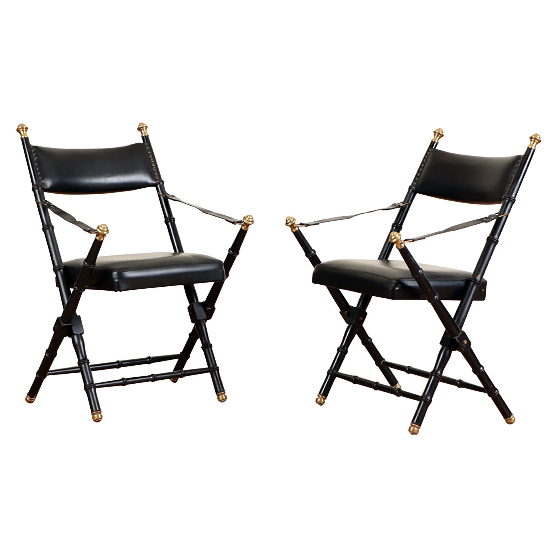 Pair of French Campaign-Style Folding Chairs with Faux-Bamboo Frames