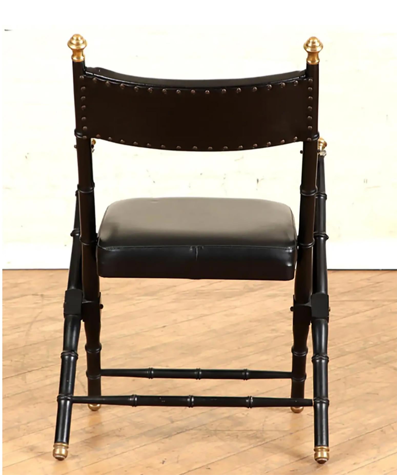 Pair of French Campaign-Style Leather Folding Chairs with Faux-Bamboo Frames For Sale 5