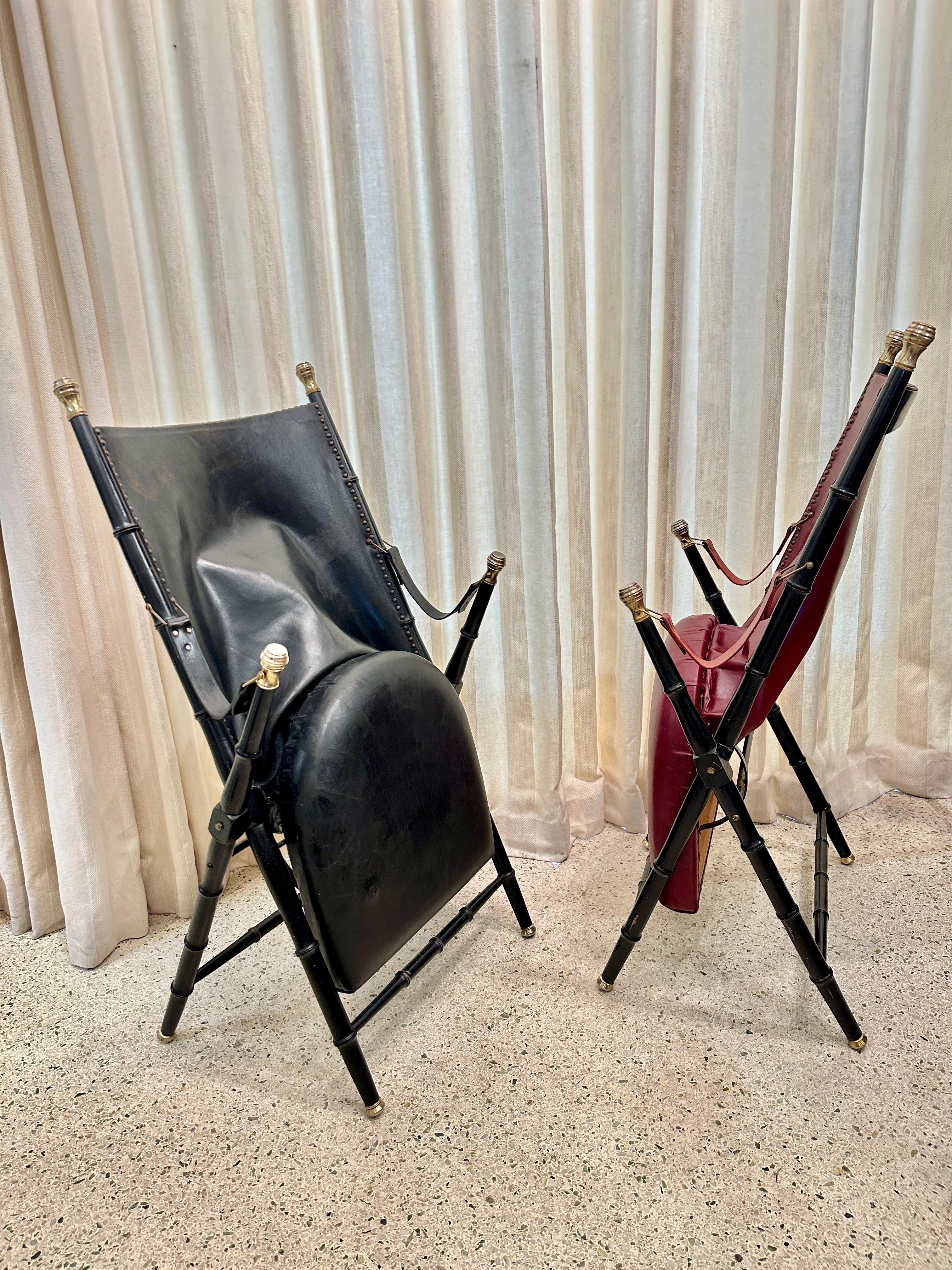 Pair of French Campaign-Style Leather Folding Chairs with Faux-Bamboo Frames For Sale 9
