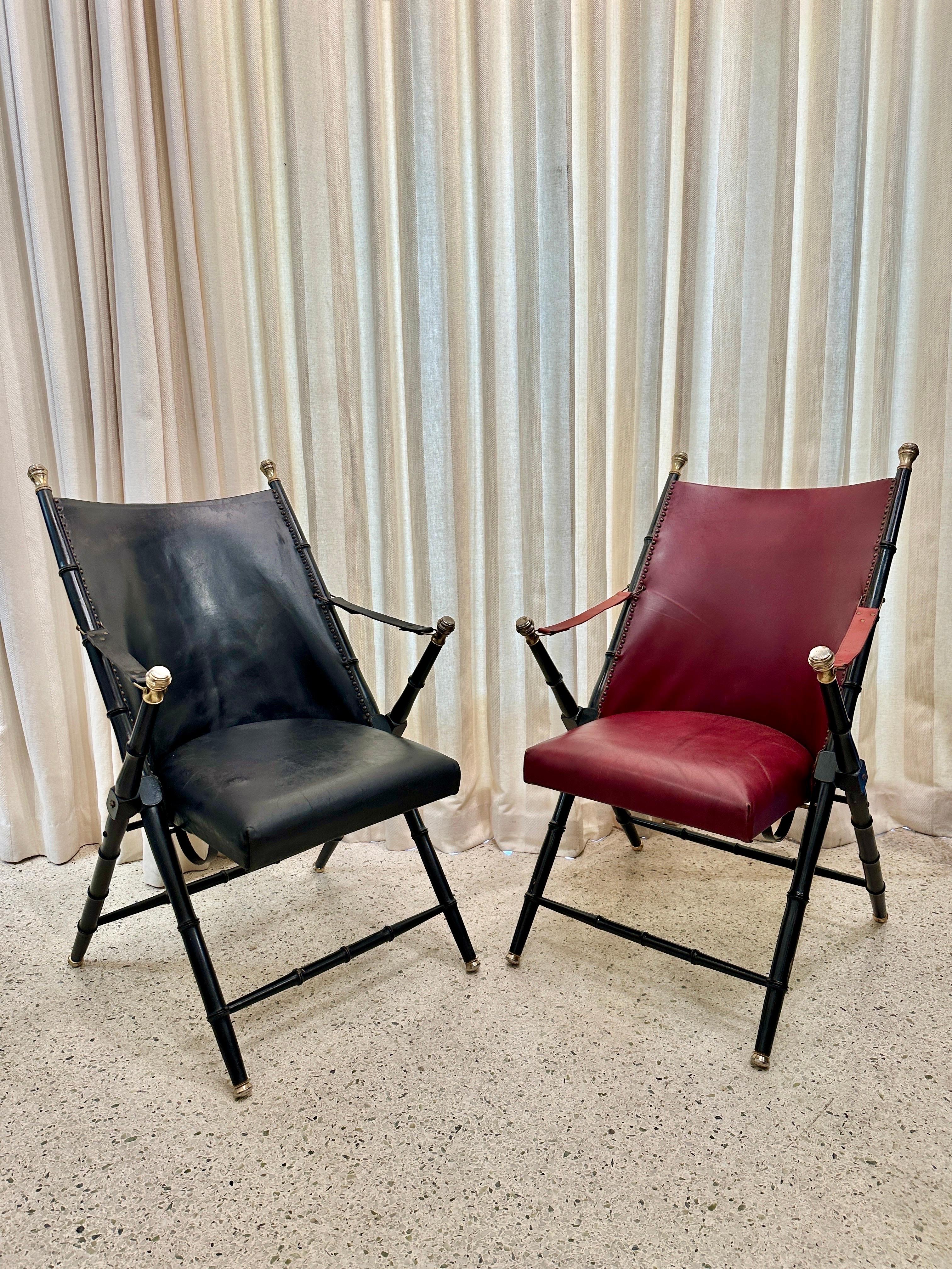 Pair of French Campaign-Style Leather Folding Chairs with Faux-Bamboo Frames For Sale 12