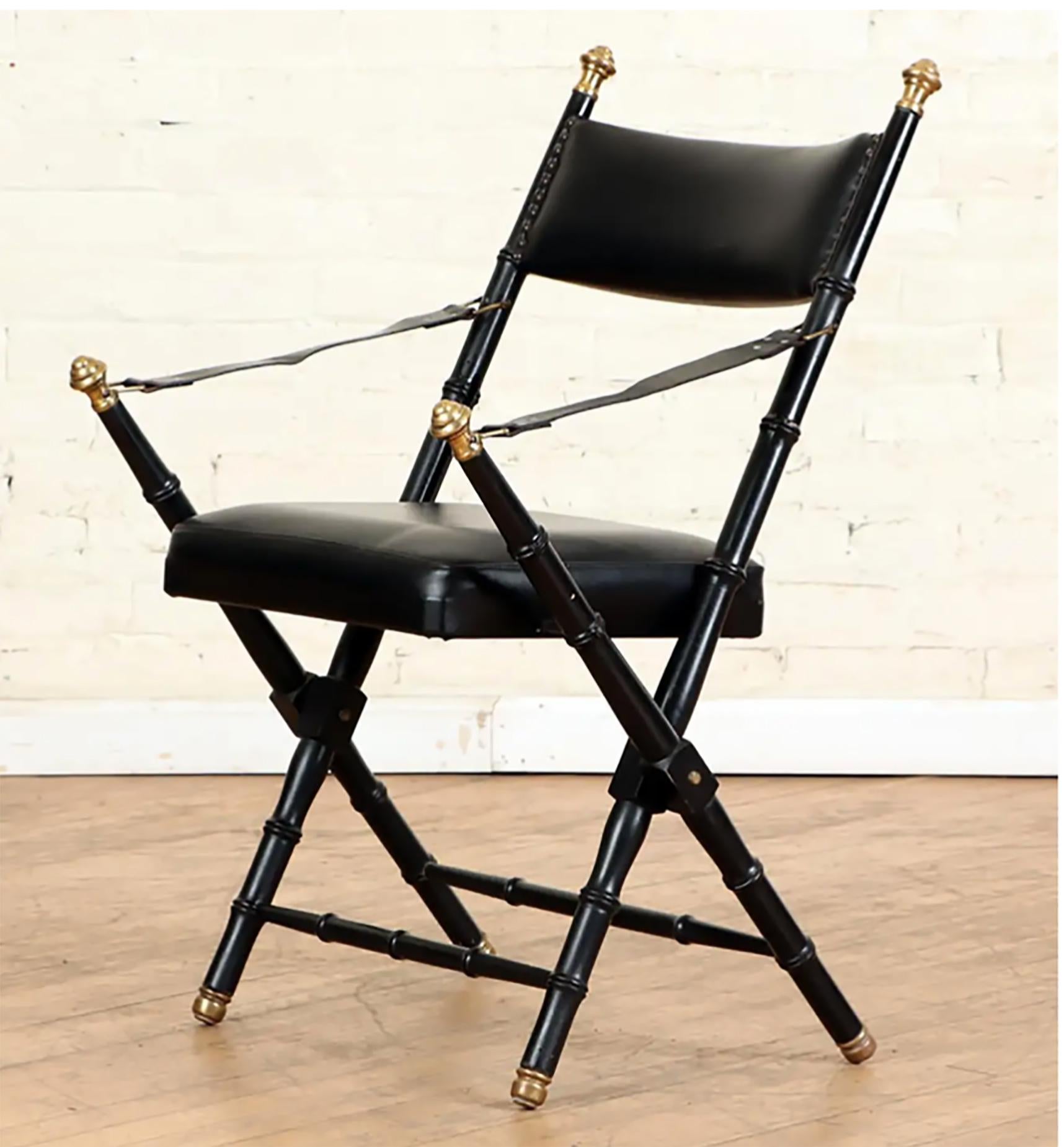 Pair of French Campaign-Style Leather Folding Chairs with Faux-Bamboo Frames.
