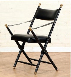 Pair of French Campaign-Style Leather Folding Chairs with Faux-Bamboo Frames