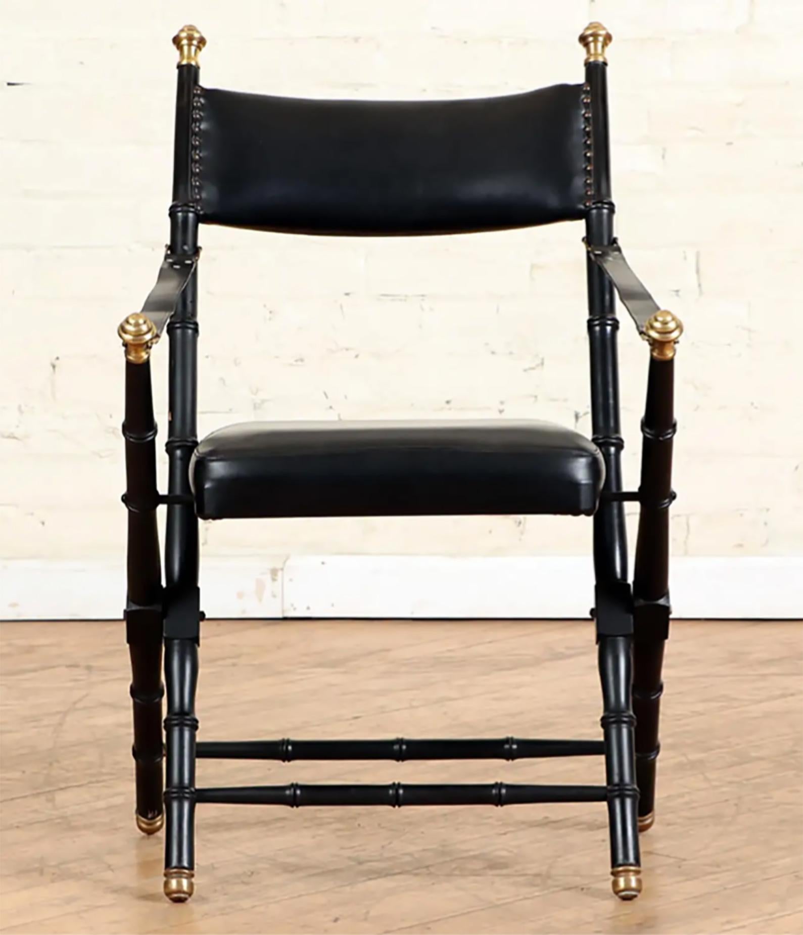Ebonized Pair of French Campaign-Style Leather Folding Chairs with Faux-Bamboo Frames For Sale
