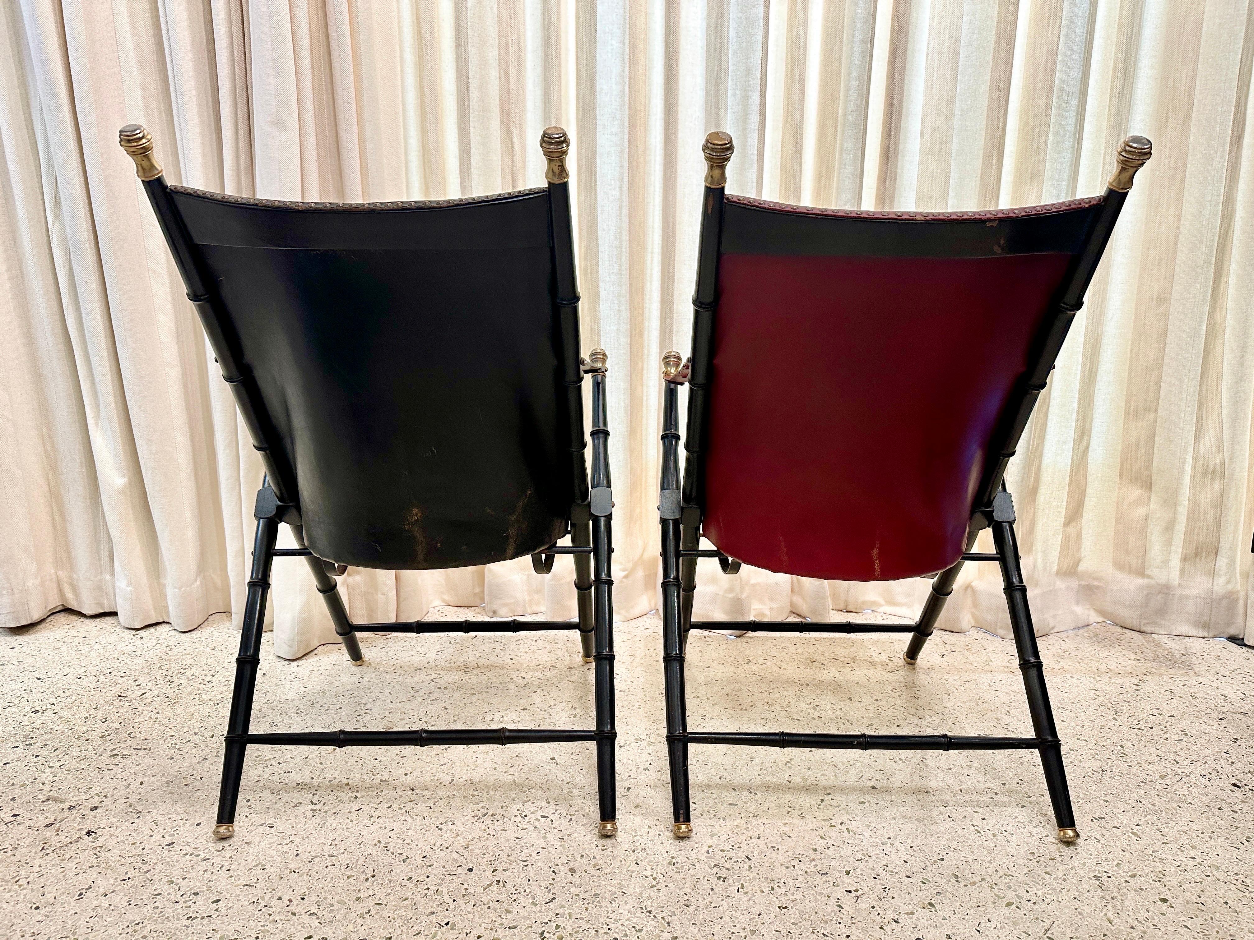 Pair of French Campaign-Style Leather Folding Chairs with Faux-Bamboo Frames In Fair Condition For Sale In East Hampton, NY