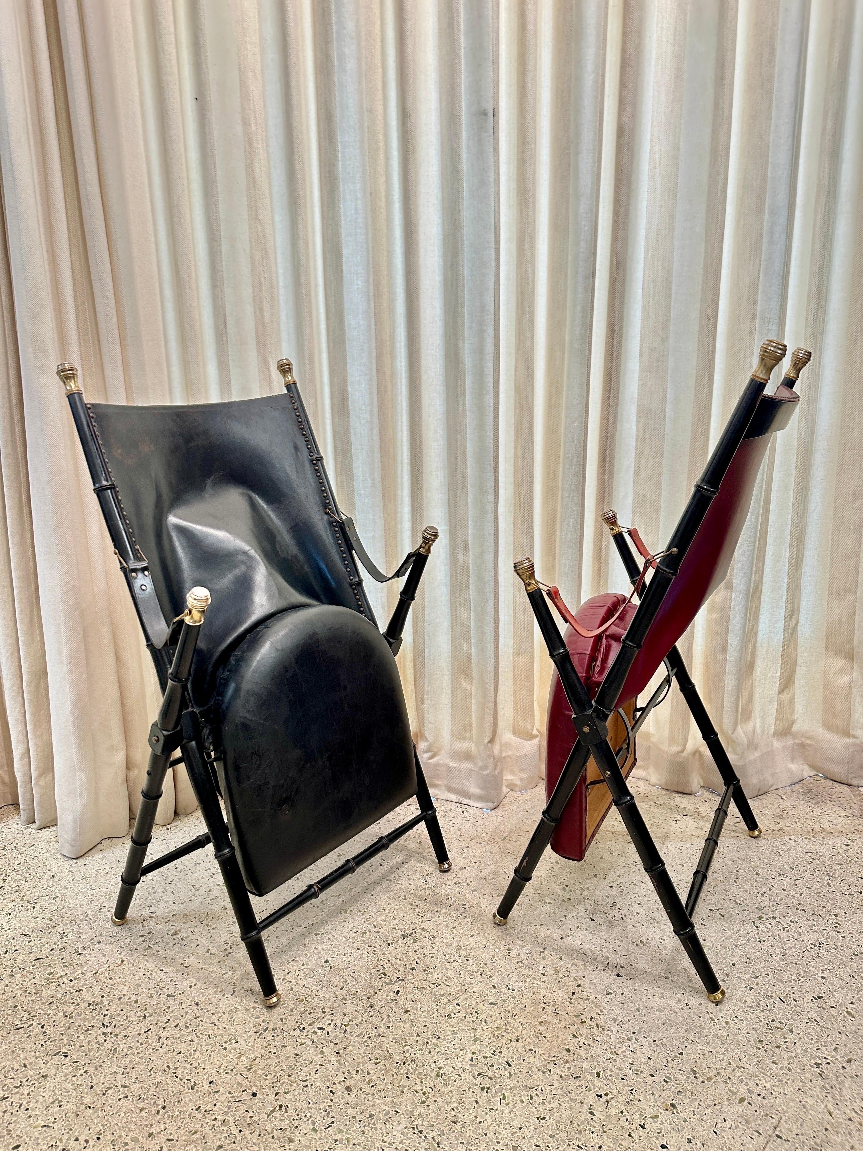 Brass Pair of French Campaign-Style Leather Folding Chairs with Faux-Bamboo Frames For Sale