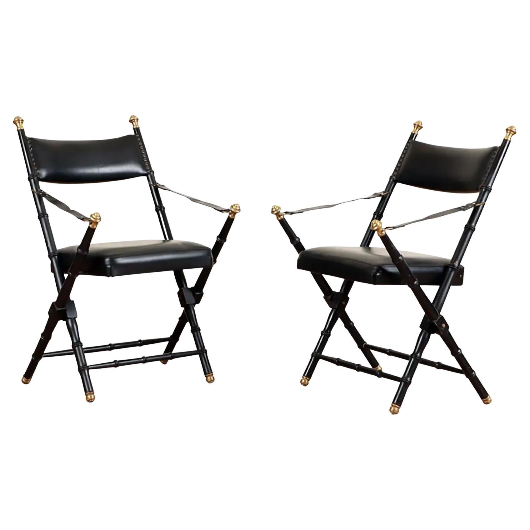 Pair of French Campaign-Style Leather Folding Chairs with Faux-Bamboo Frames