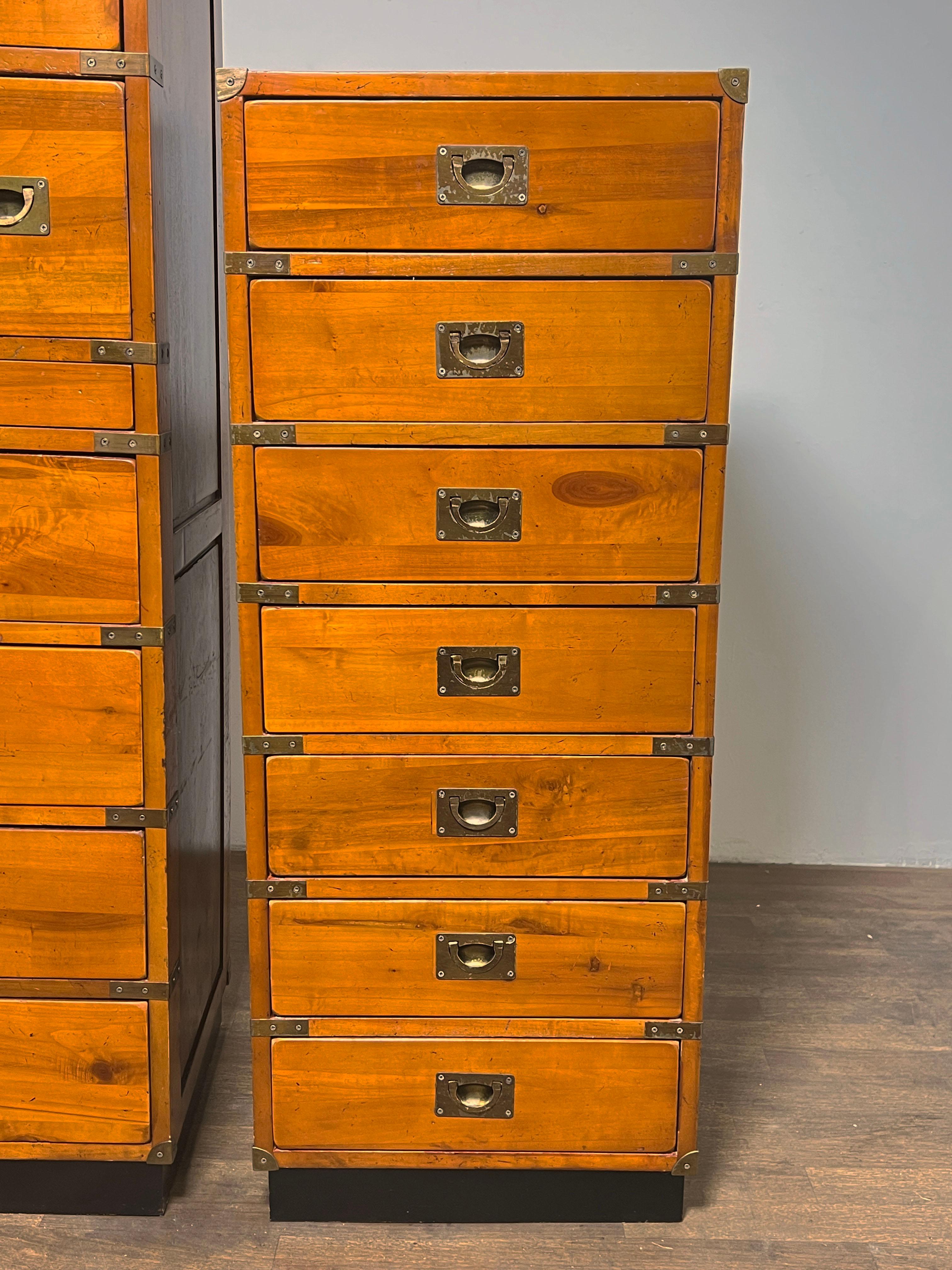 Pair of French Campaign Style Tall Chests Circa 1970s In Good Condition For Sale In Peabody, MA