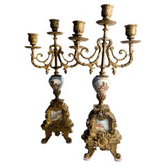 Pair of French Candelabra in Bronze and Ceramics from the Late 19th Century