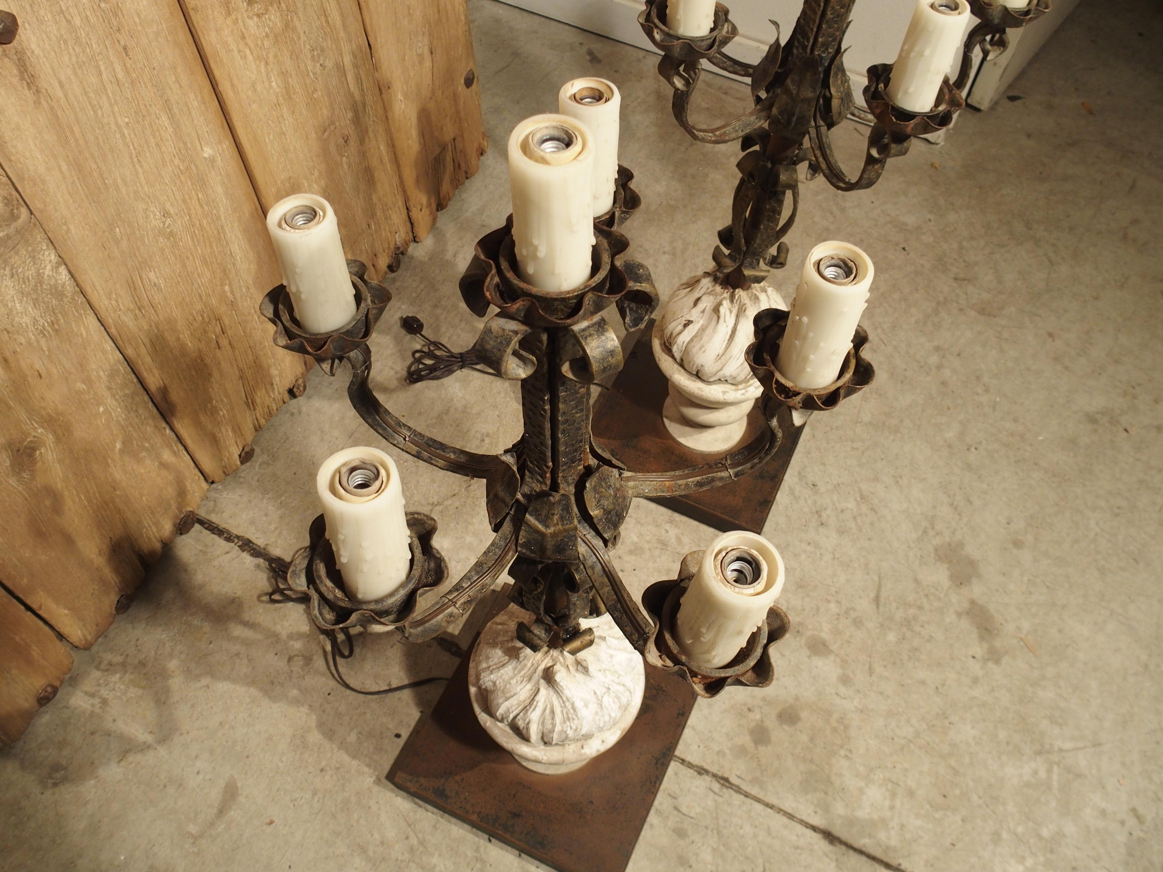 Pair of French Candelabra Lamps Made from Hand Wrought Iron and Antique Elements For Sale 8