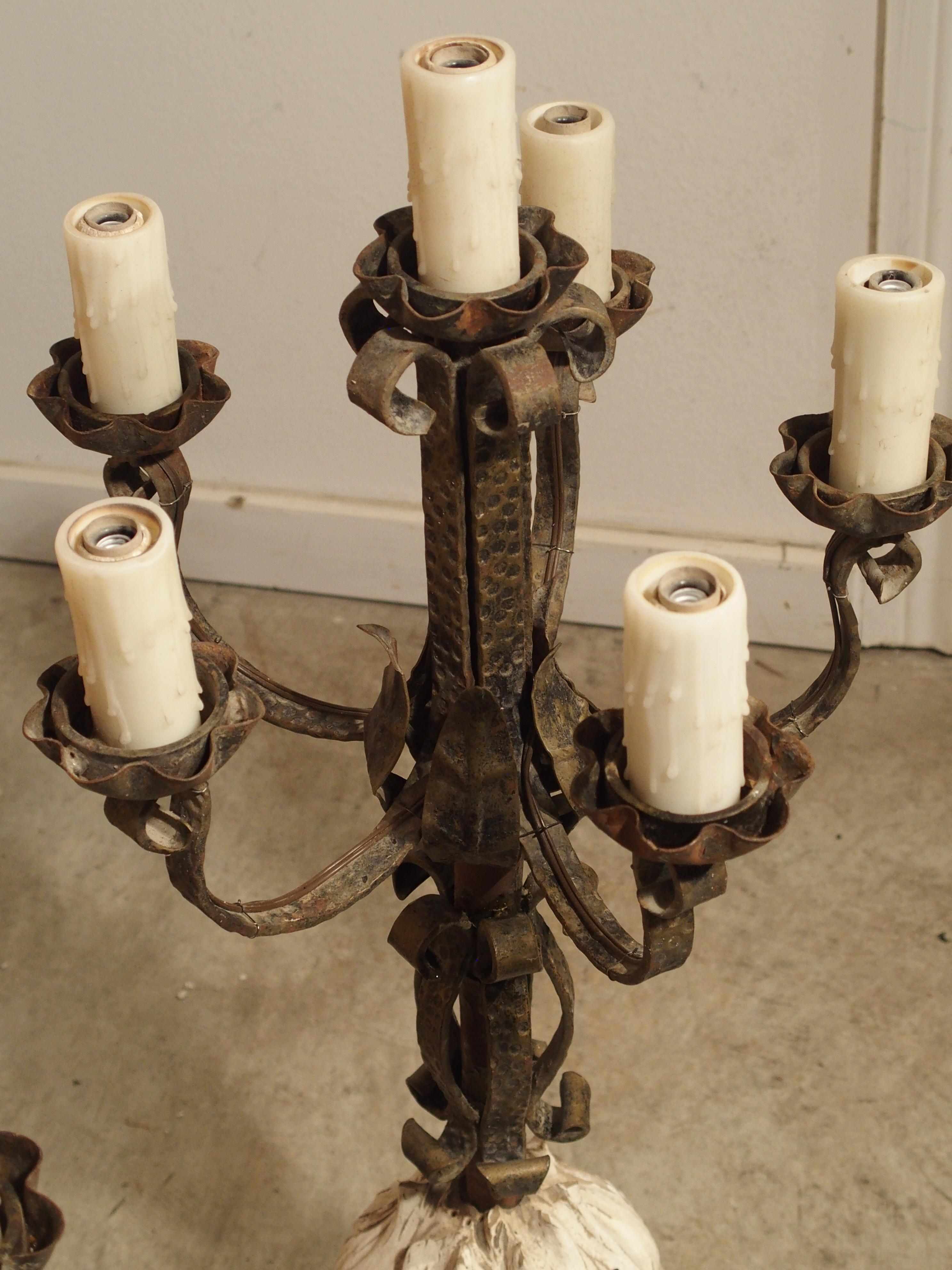 Pair of French Candelabra Lamps Made from Hand Wrought Iron and Antique Elements For Sale 10