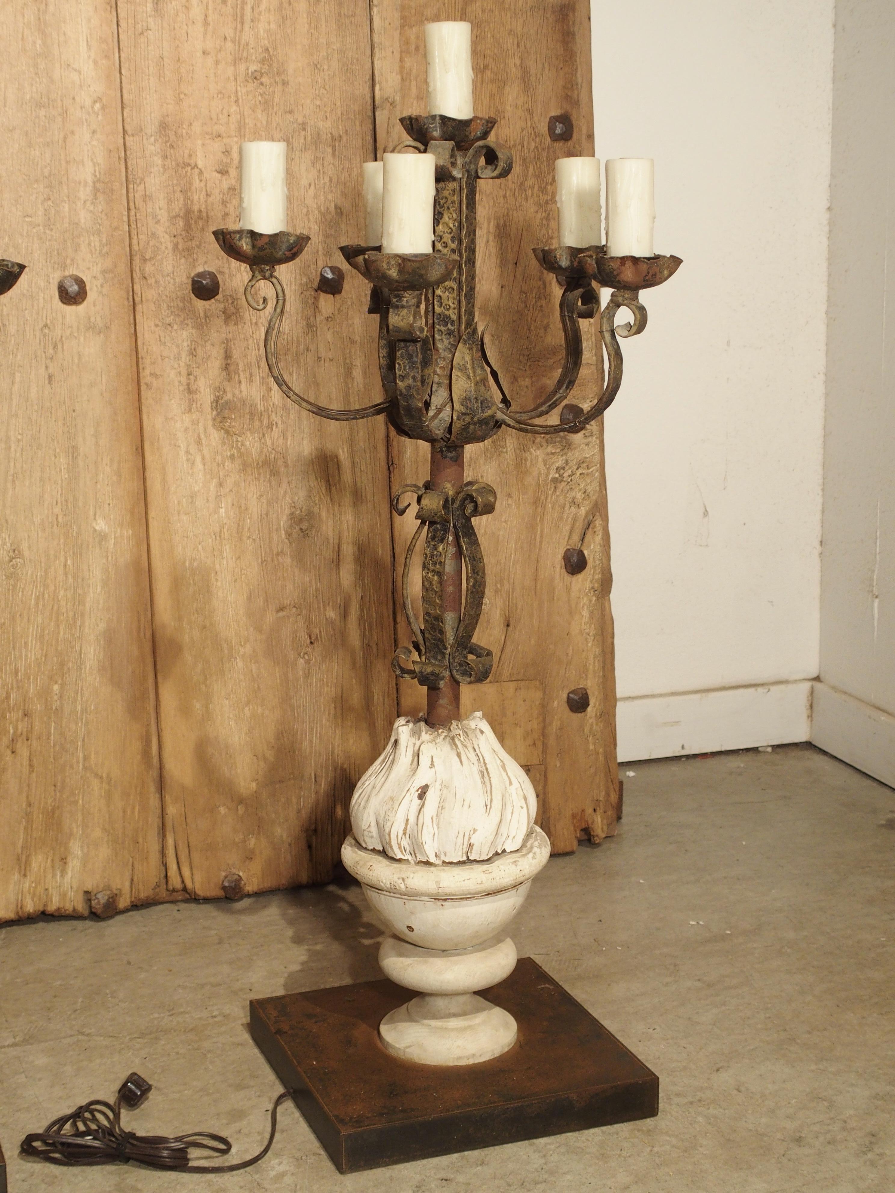 Pair of French Candelabra Lamps Made from Hand Wrought Iron and Antique Elements For Sale 12