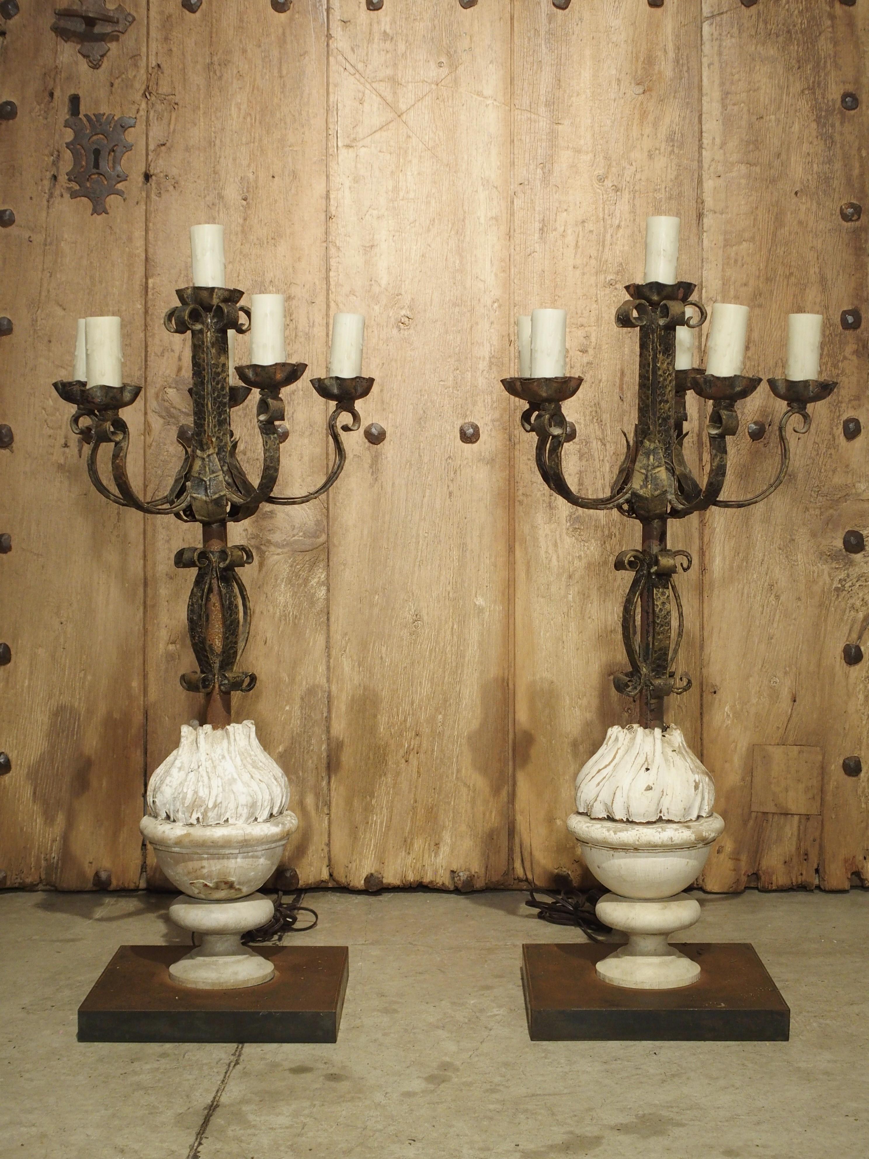 Pair of French Candelabra Lamps Made from Hand Wrought Iron and Antique Elements For Sale 13