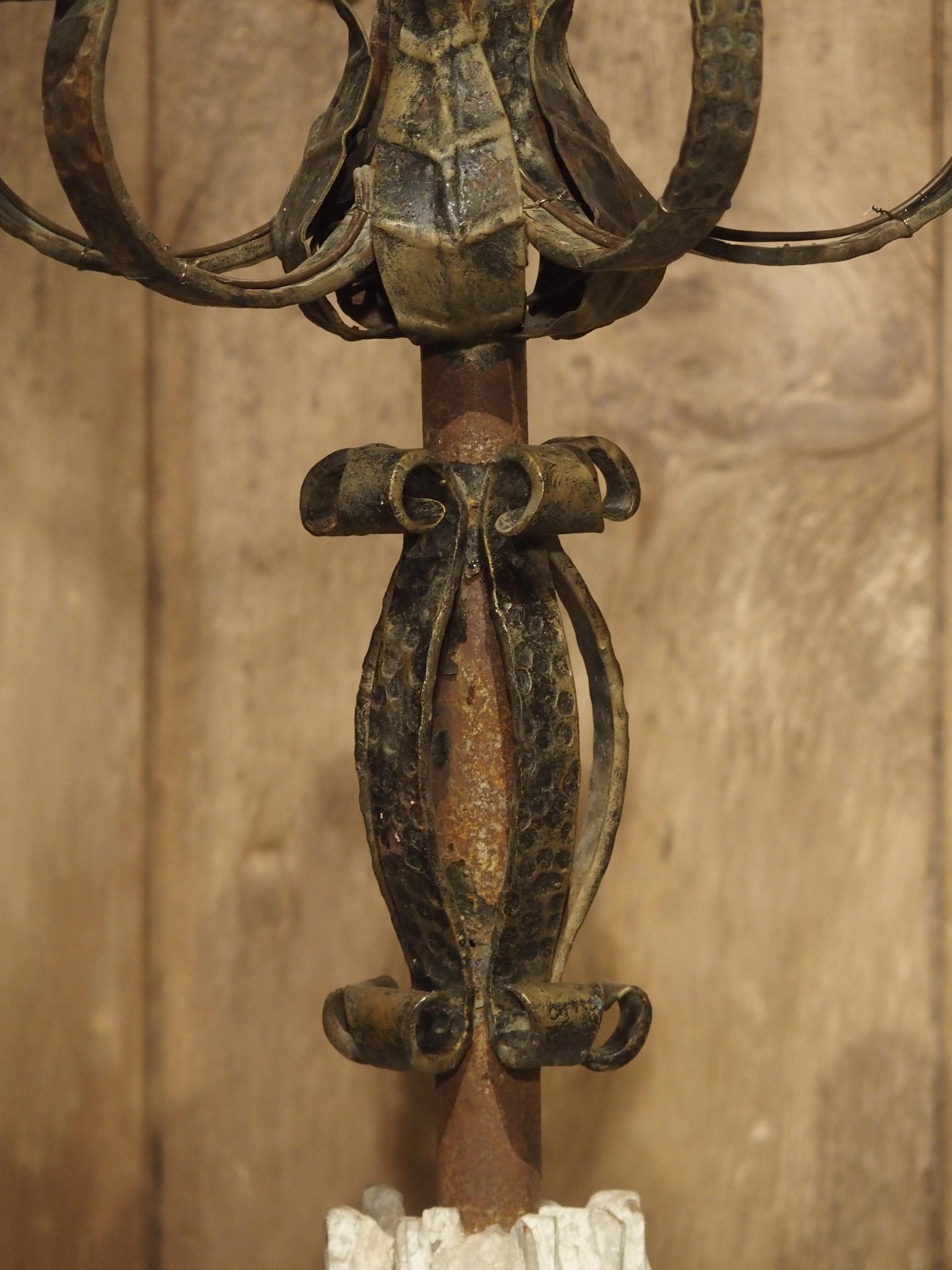 20th Century Pair of French Candelabra Lamps Made from Hand Wrought Iron and Antique Elements For Sale