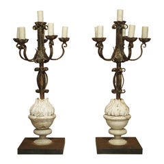 Pair of French Candelabra Lamps Made from Hand Wrought Iron and Vintage Elements