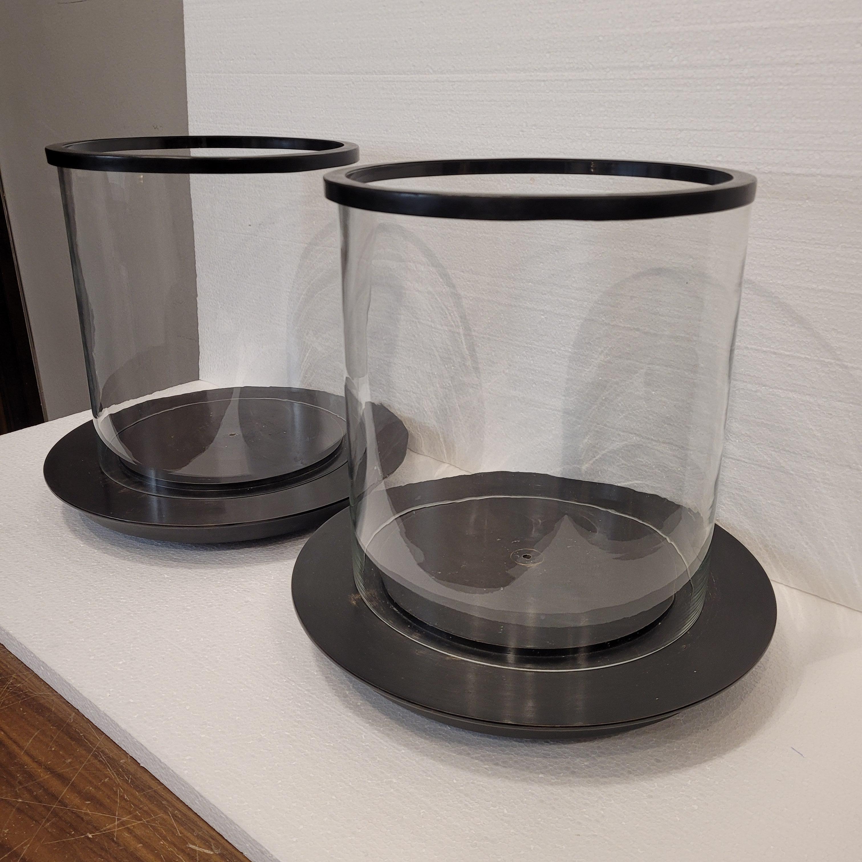 Pair of French candle holders, photophores, candlesticks, glass and black metal For Sale 5