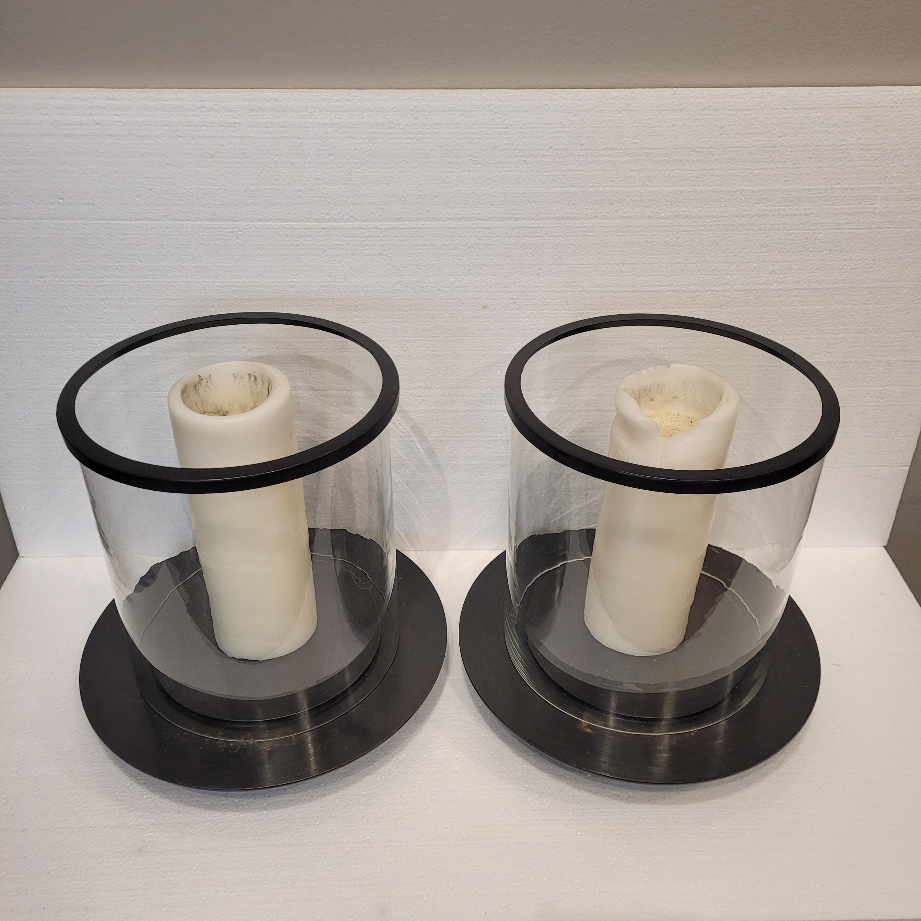 Pair of French candle holders, photophores, candlesticks, glass and black metal For Sale 7